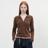 レイヤードシースルーVネックニット [BROWN]