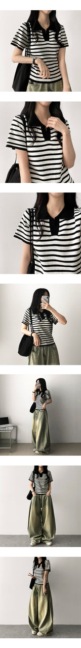 Bendy Stripe Danjara Collar Short-Sleeved Knitwear