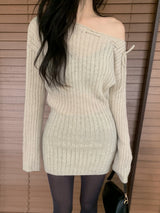 MEU One Off-Shoulder Ribbon Ribbed Knit Dress