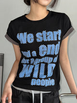 カラー コントラスト ダーツ プリント セミクロップド Tシャツ 5カラー