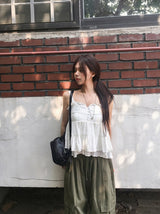 Mealing Frill Button Lace Flared Sleeveless Blouse