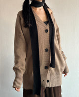 4-BUTTON V-NECK BOXY OVERSIZED LOOSE KNIT BROWN KITSCH AUTUMN THICK CARDIGAN (SCARF SET X)