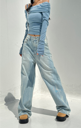 (UNISEX) RIVER DAMAGE UNIQUE WIDE LIGHT BLUE UNISEX PANTS
