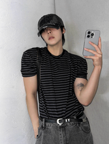 Black & Charcoal Muscle Fit Striped Short Sleeve