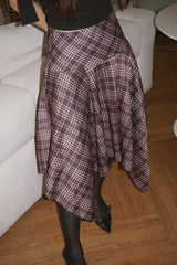 Unbalanced High Midi Checkered Skirt