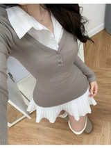 Slim fit V-neck long T-shirt 3color