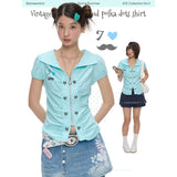 BETWEENAND “Mint Early Summer” Vintage Bud Polka-Dotted Cute Waist-Cut Shirt for Women – Unique Summer Top