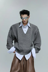 Layered V-Neck Cable Knit Sweater
