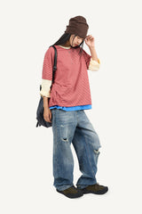Slub color matching raglan three quarter T-shirt