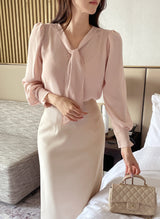 Lillian Pintuck Sleeve Chiffon Tie Blouse