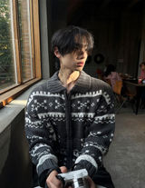 Ethnic Collar Over Knit Zip-Up