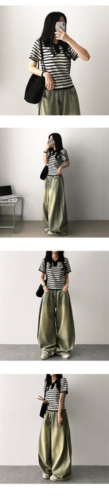 サイドピンタックサマーロングデニムワイドパンツ [Choose short and long]