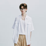 [bandana necklace set] washed check linen 2 pocket half shirt white