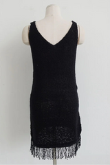 FRINGE-HEM KNIT V-NECK DRESS IN BLACK