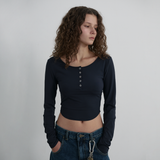 Nylon Buttoned Crop T-shirt [Fabric by ITALY] - NAVY