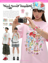 BETWEENAND xsunonebird Summer Loose Printed Top Two Color Pure Cotton Round Neck Short Sleeve T-shirt for Women