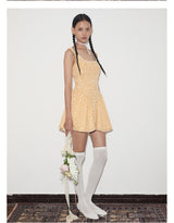 rirri Summer French-Inspired Pure & Alluring Style Retro Vacation100% Cotton Drawstring Waist Tie Dress