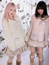 ROSE ISLAND Bubble Teapot Fake Apron Pocket Design Sense Loose Comfortable Doll Collar Cardigan Sweatshirt Jacket,matcha