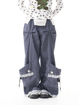 sillysis 青いチェック柄のレースドローストリングポケットパンツ、ゆったりデザイン、金属ボタン、ワイドレッグカジュアルパンツ