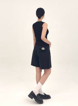  3RD REORDER HIP POCKET EMBROIDERY BLACK DENIM SHORTS LONG VERSION code 25106