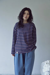 ストライプ バインディングネック ボックス ティー (Dark Navy)