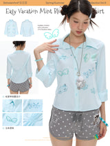 BETWEENAND summer shirt with mint blue stripes, diamond-encrusted waistline, and short sleeves