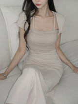 Elia Shirred Sheer Short-Sleeve Maxi Dress