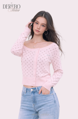 Pink dot unbalanced shoulder top