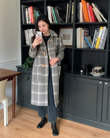 [SHOPPERMADE] アッシュグレーチェックウールロングダッフルコート