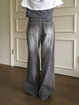 Watton バックカットウォッシュドグレーロングワイドデニムパンツ