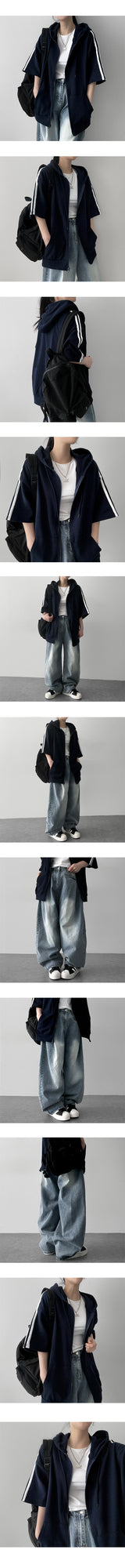 Ring Tee Oversized Fit Line Short-Sleeved Hooded Zip-Up