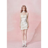 [GirlyFancyClub] Girl Rose*ruffled lace-up waist retro polka dot camisole dress