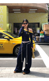 アンバランスオフショルダーブロックコアロングスリーブTシャツ