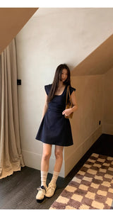 Navy Round Square Flared Dress