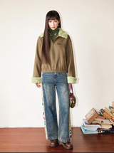 Crochet flower patchwork design, retro washed, loose straight-leg jeans