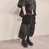 reverse terry pocket denim capri shorts_black