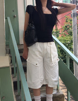 Bogi Shirring Flower Embroidery Slim Short Sleeve T-shirt