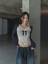 11 Vネックカラーマッチングラグラン長袖Tシャツ
