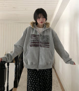 America Dirty Printing Brushed Fur Hood Zip-Up