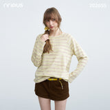 Women's Striped Henley Long Sleeve T-shirt, Bamboo Cotton Loose Air Conditioner Blouse