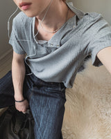Nebi Shoulder Snap Henley Neck Short Sleeve T-shirt