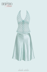 milk mint halter blouse silk skirt two-piece (SKIRT)