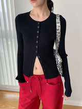 Chewing Ribbed Button Round Neck Long Sleeve Cardigan