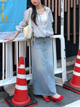 Deep Slit Cotton Long Denim Skirt (Light Wash)
