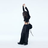 Washing Corduroy Cargo Banding Denim Pants Black