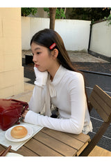 ハーフタートルネックストラップレースフリルロングスリーブTシャツ
