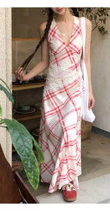 Red checkered V-neck sleeveless long dress