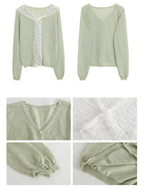 Mint green lace thin V-neck knitwear