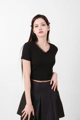レースVネッククロップTシャツ White