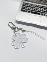 Glittery Pearled  Three-leaf Clover Key-ring Clear White / Couple Birthday Gift Bag Phone Lucky Charm